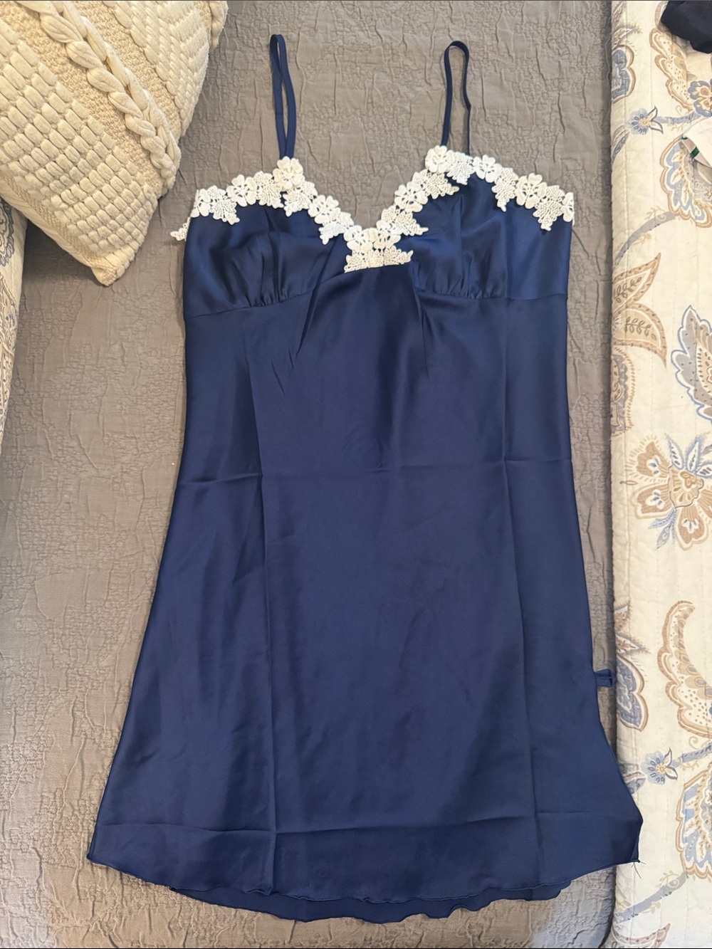 Navy Satin Chemise with White Lace Trim